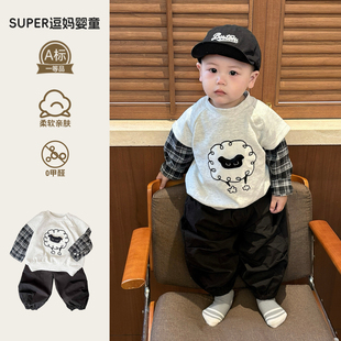 婴儿春装两件套可爱宝宝超萌衣服时髦洋气假两件上衣裤子套装分体