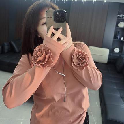 袖口大花打底衫 25年大码女装胖mm秋冬装新款显瘦遮肉收腰长袖T恤