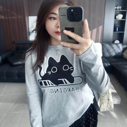 呆萌小黑猫 大码女装胖mm2024年秋装冬装新款加绒打底衫t恤上衣