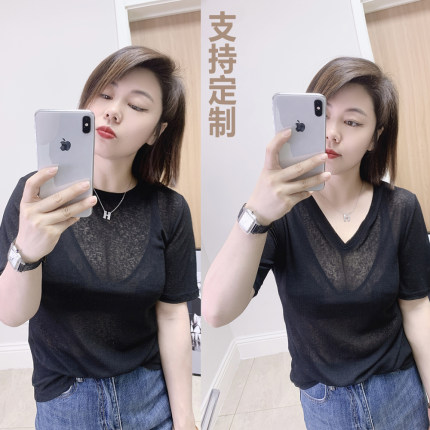 大码女装2024年夏季夏装新款胖mm透视冰丝麻短袖遮肉t恤半袖上衣