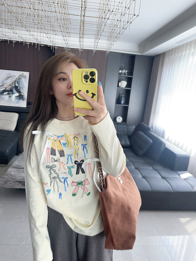 蝴蝶结印花 大码女装胖mm2024年早秋秋冬新款T恤打底衫显瘦气质