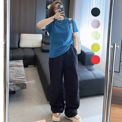 美式复古伞兵裤2024年大码女装胖mm宽松显瘦运动宽松阔腿休闲裤子