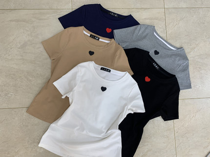 小7自制大码女装2024年春装夏季胖mm修身高弹圆领刺绣潮半袖短袖