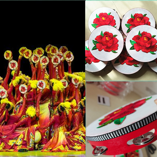 石榴花开新疆女子群舞蹈演出开场手拿双面绣花响铃铛鼓民族风道具