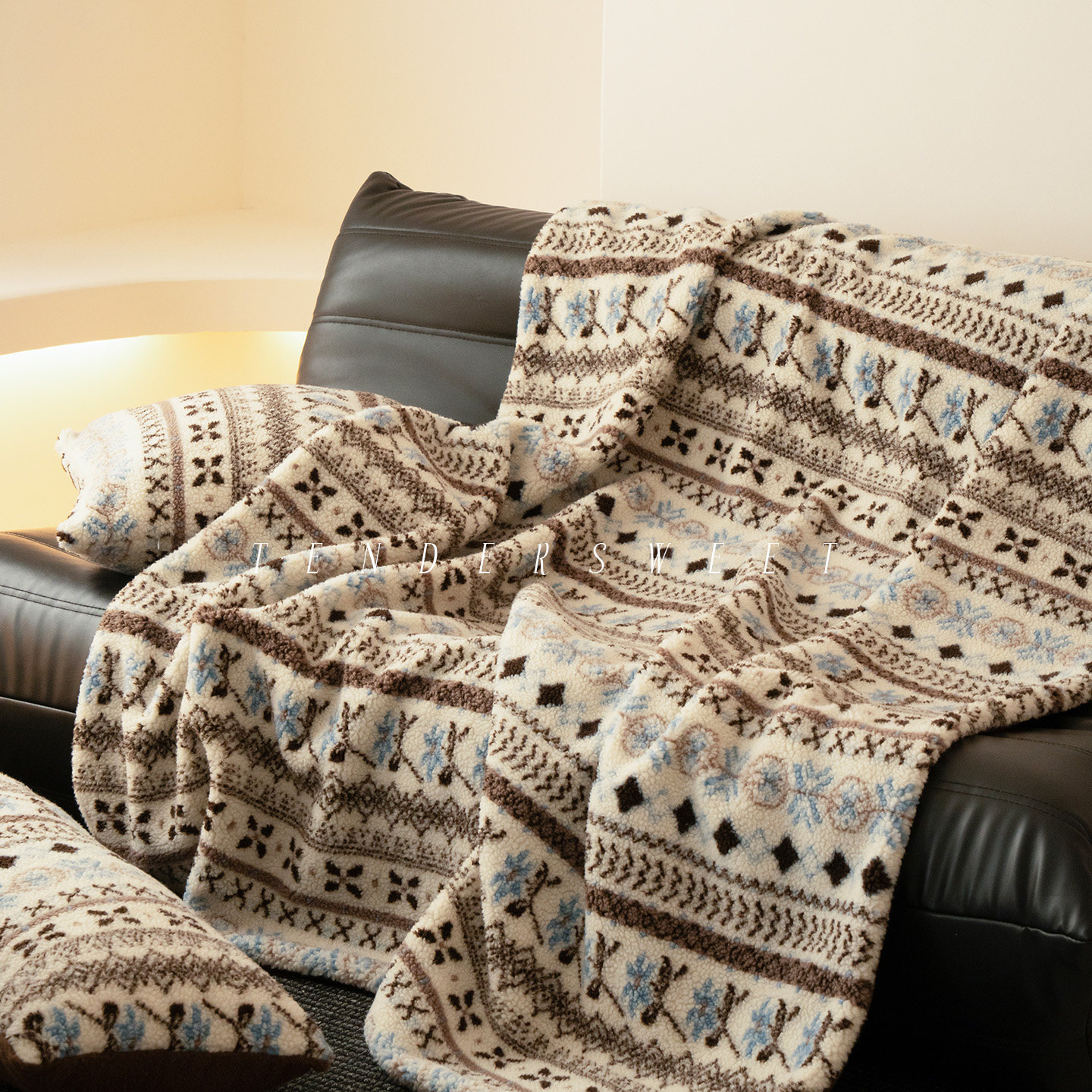 复古羊羔绒沙发盖毯抱枕