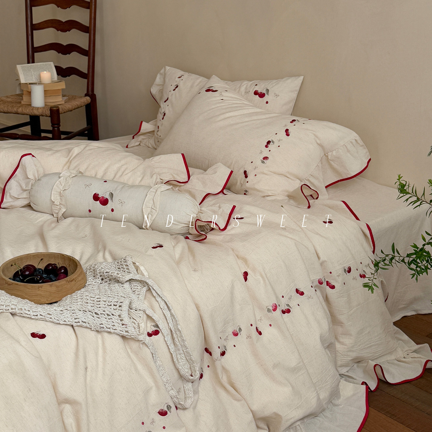 Tender| 法式少女浪漫棉麻混纺四件套刺绣花边被套可爱风床上用品