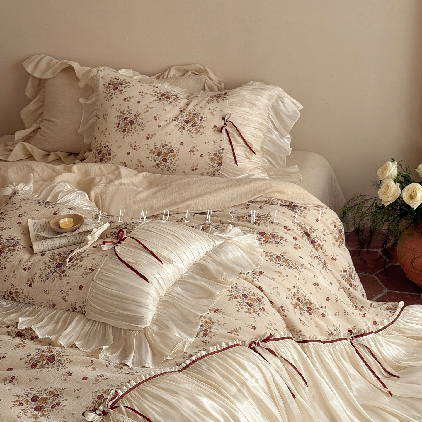 Tender| 法式复古棉麻混纺印花四件套蝴蝶结花边被套浪漫床上用品