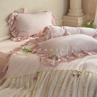 Girlish|法式少女纯棉四件套全棉双层皱皱纱格纹花边印花床上用品