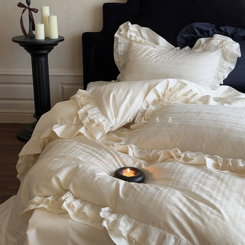 Girlish|法式少女纯棉四件套全棉提花贡缎长绒棉花边被套床上用品