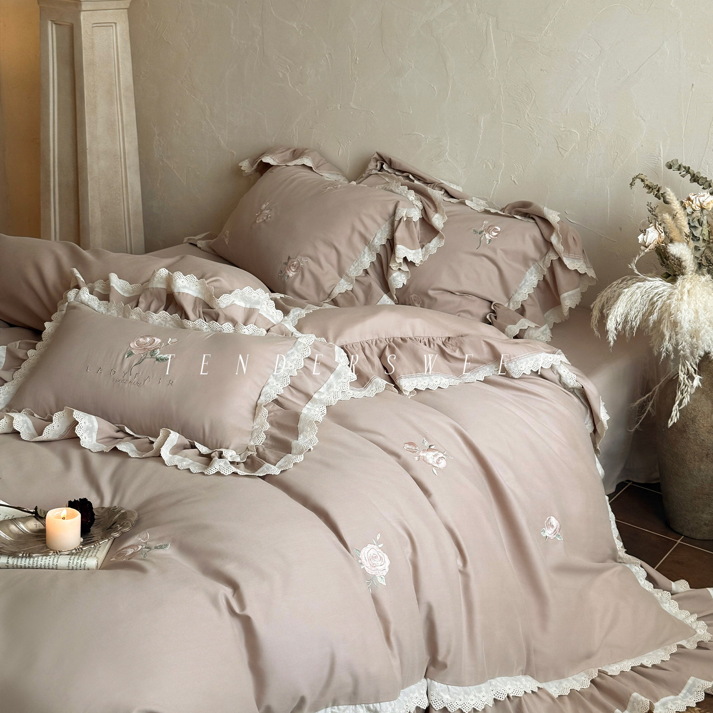 Girlish｜秋冬法式刺绣蕾丝磨毛纯棉四件套加厚全棉保暖床上用品,床上用品,床品套件/四件套/多件套,淘宝优惠券,粉丝福利购,淘宝优惠卷