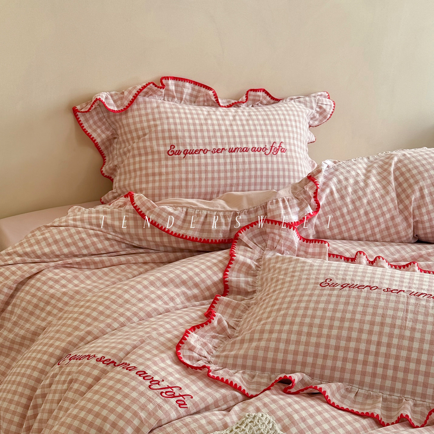 Tender|少女韩式全棉水洗棉格子刺绣纯棉单人ins风花边床上四件套