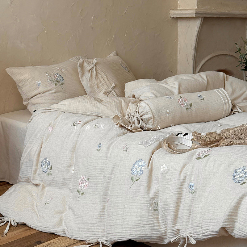Girlish|法式亚麻混纺四件套棉麻小众刺绣被套少女风绑带床上用品,床上用品,床品套件/四件套/多件套,淘宝优惠券,粉丝福利购,淘宝优惠卷