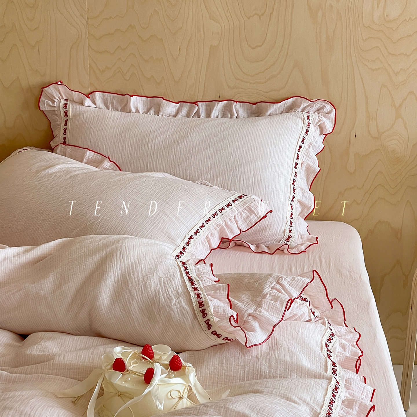 Tender|少女简约韩式双层皱纱全棉四件套A类花边刺绣纯棉床上用品