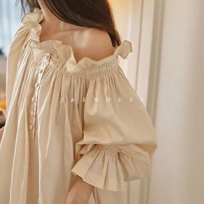 Girlish|法式复古仙女睡裙长裙春夏季纯棉宫廷风公主一字肩家居服