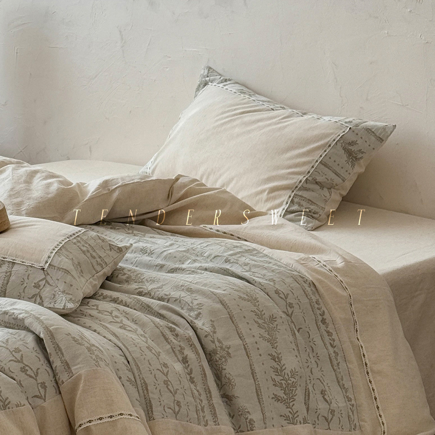 Tender| 法式少女拼接棉麻四件套亚麻色织被套高级秋冬款床上用品
