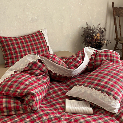 四件套双层纱复古圣诞新年红格子