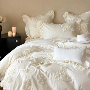 Girlish 立体玫瑰床上四件套全棉纯棉床单被套蕾丝花边水洗棉 法式