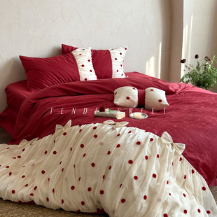 Tender 浪漫风提花纯棉四件套全棉贡缎提花结婚红色床上用品 法式