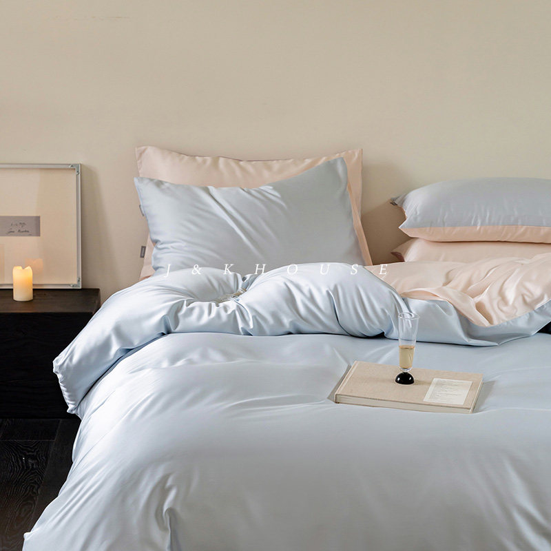 Luxury| 简约轻奢天丝棉四件套凉感纯色双拼被套床上用品床单裸睡,床上用品,床品套件/四件套/多件套,淘宝优惠券,粉丝福利购,淘宝优惠卷