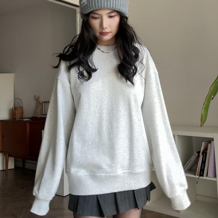 出口韩国订单！灰色纯棉圆领宽松复古休闲简约美高卫衣男女同款