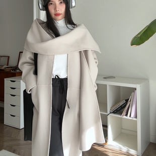 柜上3000 连帽围巾领羊毛大衣 出口日本高端手缝双面呢秋冬新款