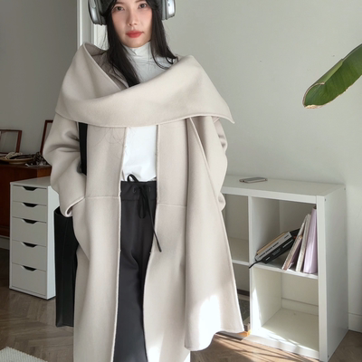 柜上3000+出口日本高端手缝双面呢秋冬新款连帽围巾领羊毛大衣