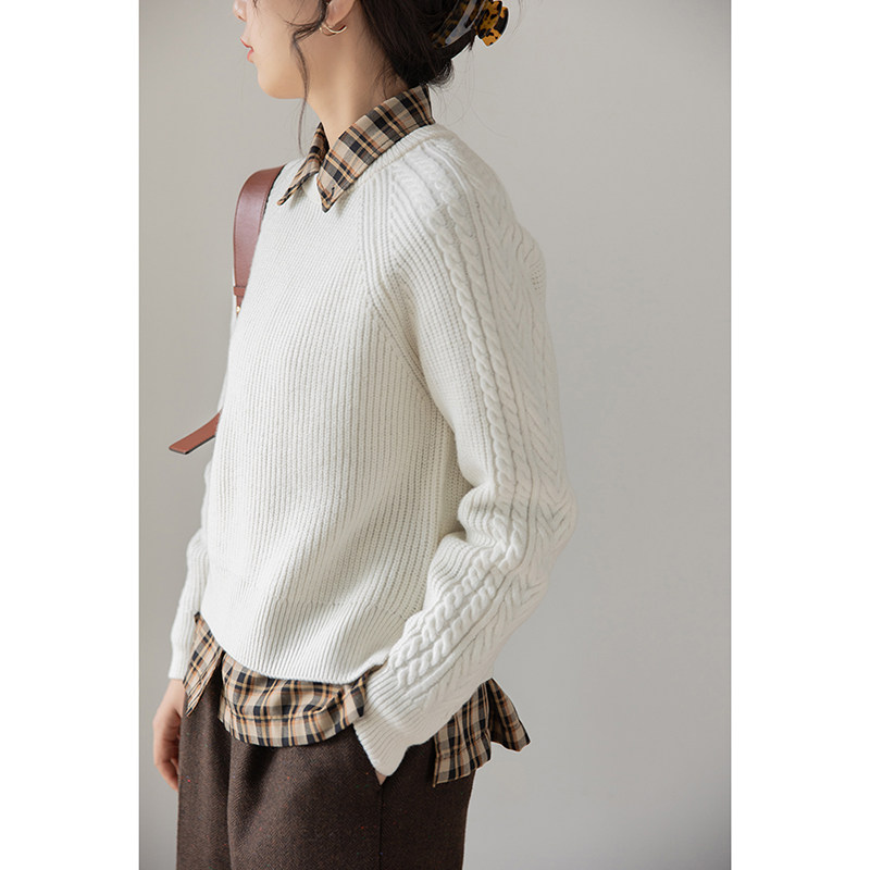 品质感】进口美利奴羊毛针织衫短款小众文艺复古麻花套头毛衣女