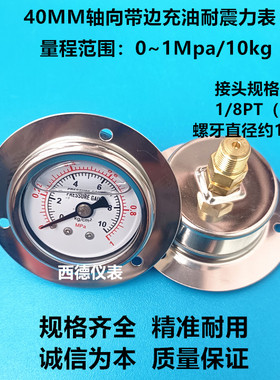 YN-40ZT 40MM轴向带边10KG/1MPA充油耐震压力表  水压表