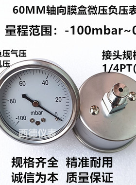 60MM轴向负100mbar微压负压表 负压毫巴表 真空压力表 螺牙2分