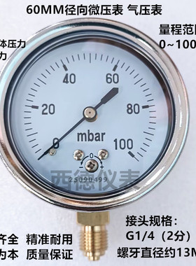 60MM直立式100mbar压力表 风压表 燃气压力表 毫巴压力表 G1/4