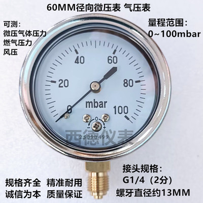 60MM直立式100mbar压力表 风压表 燃气压力表 毫巴压力表 G1/4