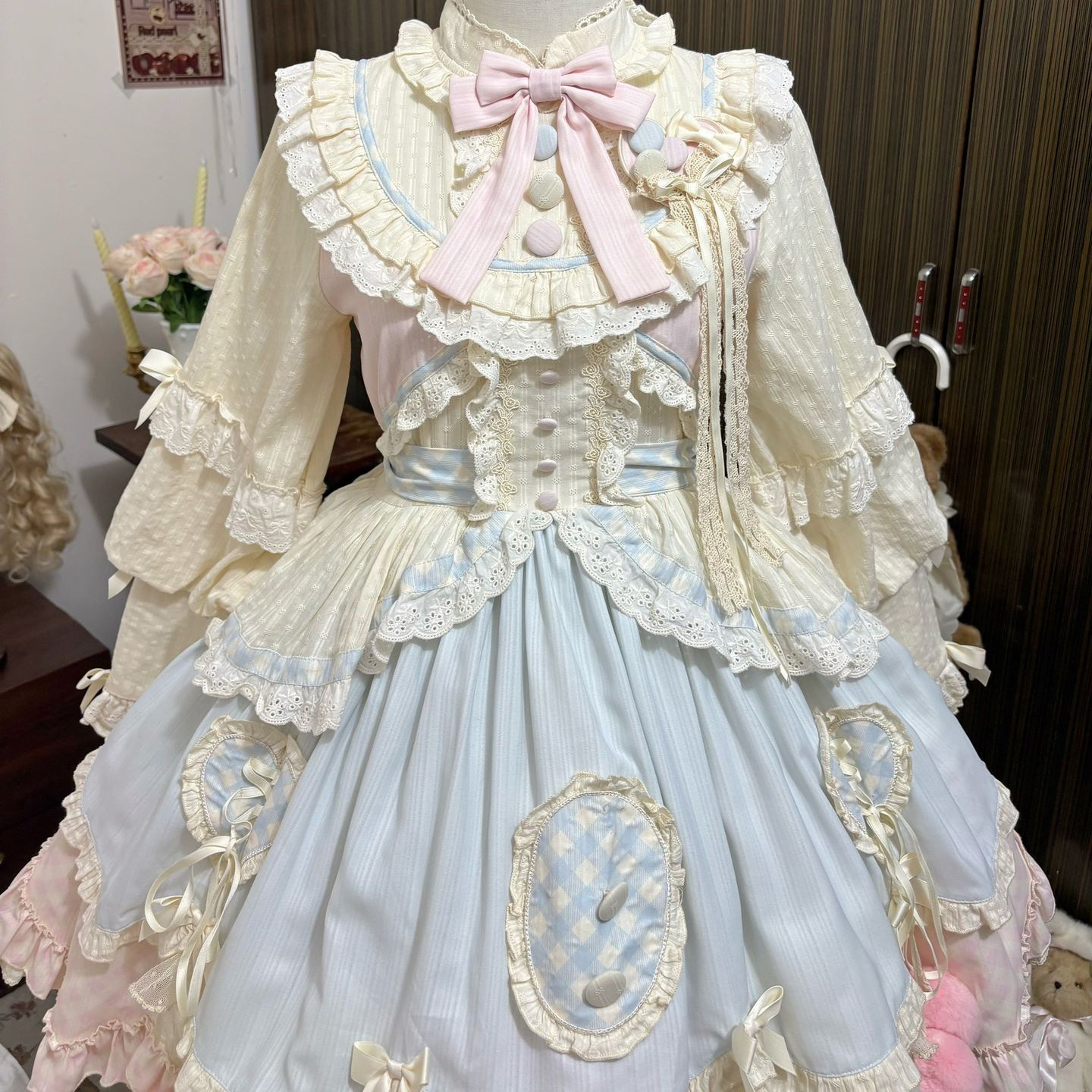 蓝粉可爱甜美长袖lolita裙短款图片