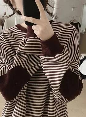 大码减龄女士卫衣外套春秋季装韩版宽松显瘦胖mm套头长袖条纹上衣