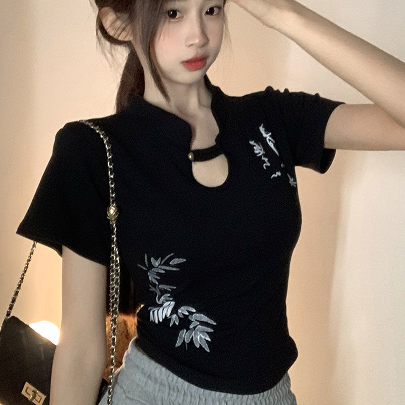 夏季新款纯棉短款短袖T恤女新中式立领修身显瘦百搭国风设计气质