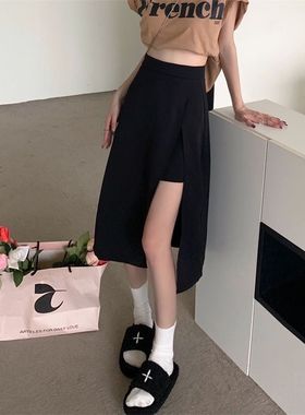 气质大码胖mm高腰显瘦遮肉垂感黑色开叉A字中长款半身裙裤女春夏