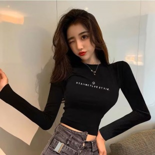 潮女秋冬 t恤短款 黑白色打底衫 女春秋冬高级感洋气紧身内搭长袖