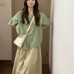 韩系复古港风宽松绿色上衣+卡其色中长款半身裙子女学生两件/套装