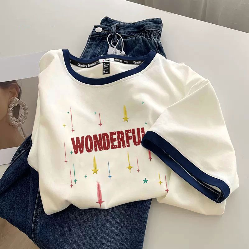 撞色螺纹短袖t恤女2025新款夏季可爱显瘦拼接体恤小众设计感半袖