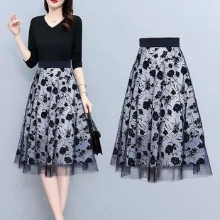 百搭女士半身裙高腰显瘦网纱碎花A字裙艺术感中长款 秋冬时尚 伞裙