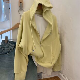 糖果色印花字母开衫连帽卫衣女秋冬新款薄款宽松休闲百搭上衣外套