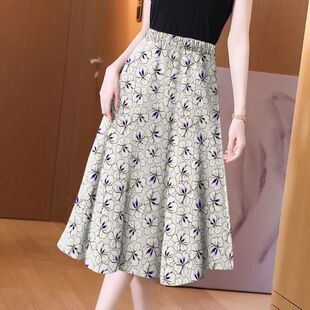 2024新款 洋气印花垂感高腰裙显瘦遮肉过膝大摆裙 女装 半身裙中长款