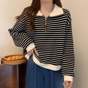 宽松半拉链长袖 大码 新款 胖mm美式 上衣潮 条纹Polo领正肩卫衣女秋季