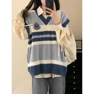 日系学院风条纹毛衣针织马甲背心女学生宽松复古港味套装叠穿上衣