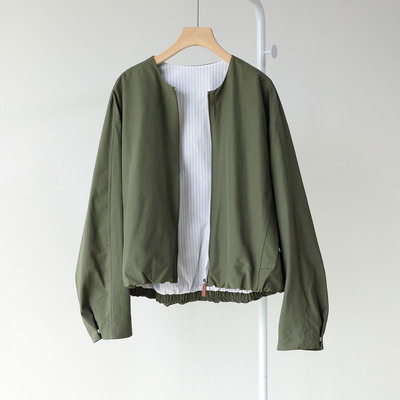 条纹全衬里 薄款 圆领拉链棉质休闲长袖外套女春新