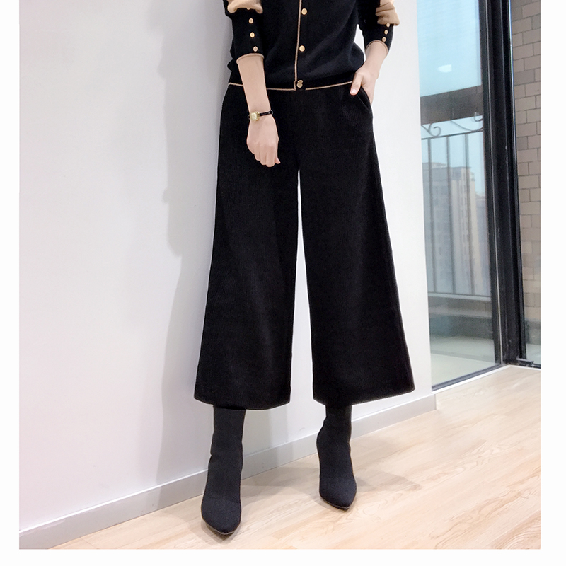 3版型巨好金聚绒抽条中腰阔腿裤悬垂宽松休闲微喇裤8分女裤K7988