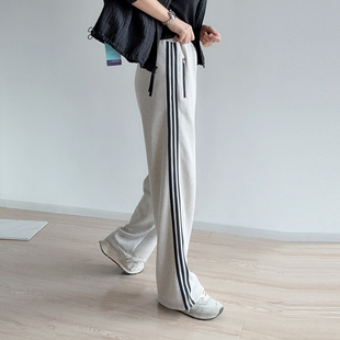 女新款 脚直筒休闲长裤 弹力毛圈棉花纱感松紧腰抽绳裤 侧拼边条纹