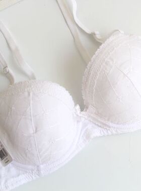 满2件包邮出口韩国夏季有钢圈白色棉布刺绣薄款钢圈全棉少女文胸