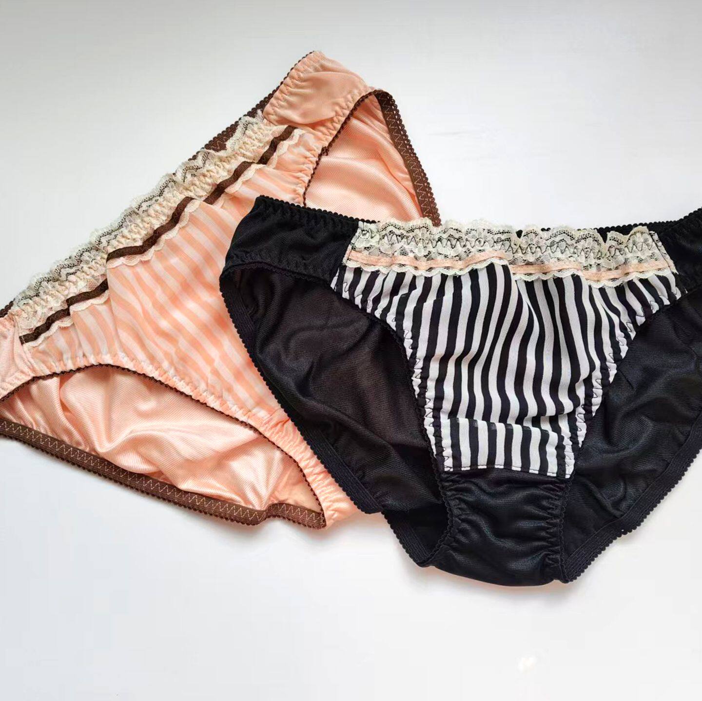 满5件包邮日系女生速干雪纺蕾丝条纹性感内裤底裆全棉