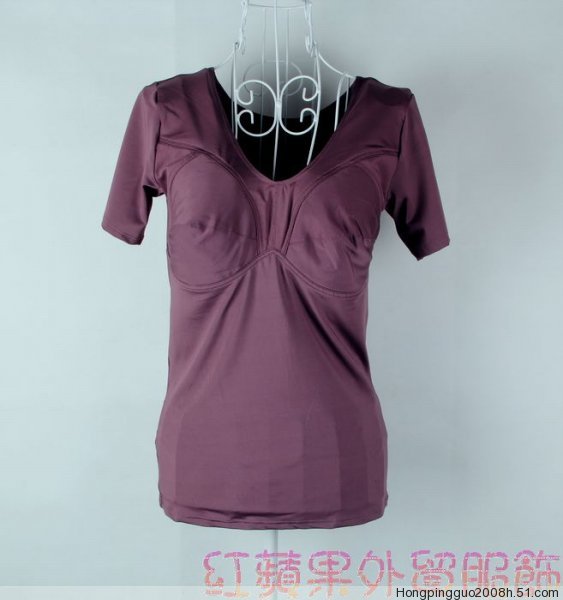 包邮韩单女士牛奶丝薄款带文胸无钢圈短袖衫矫形T恤圆领打底衣