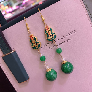 绿色甘青耳坠古风耳环葫芦系显瘦气质复古绿耳饰长款2024新款